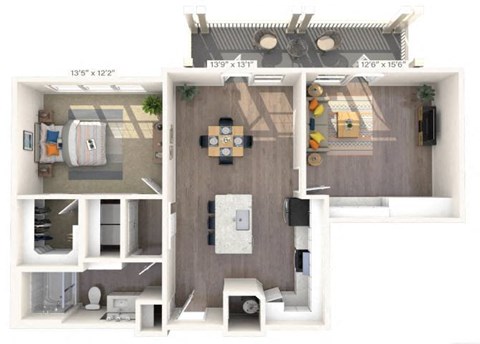 Floor plan for 1 bed, 1 bath, 981 sqft